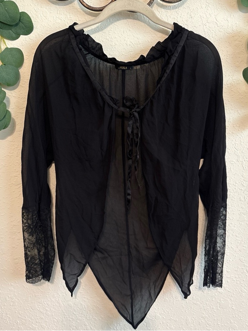 Vintage La Perla Whimsigoth Black Silk Lace Tie-Front Asymmetrical Top ✨